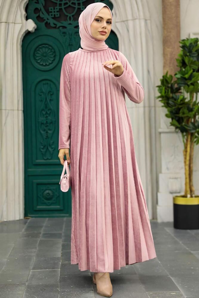 Powder Pink Hijab Velvet Dress 1287PD - 1