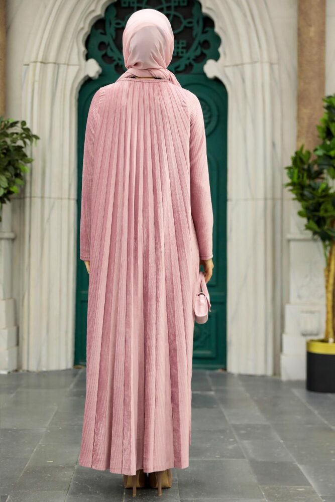 Powder Pink Hijab Velvet Dress 1287PD - 3