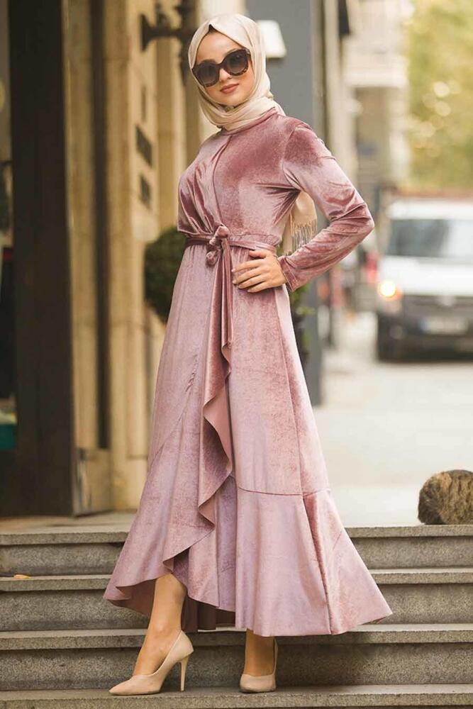 Neva Style - Powder Pink Hijab Velvet Dress 50521PD - 2