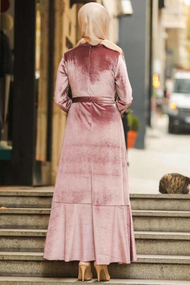 Neva Style - Powder Pink Hijab Velvet Dress 50521PD - 3