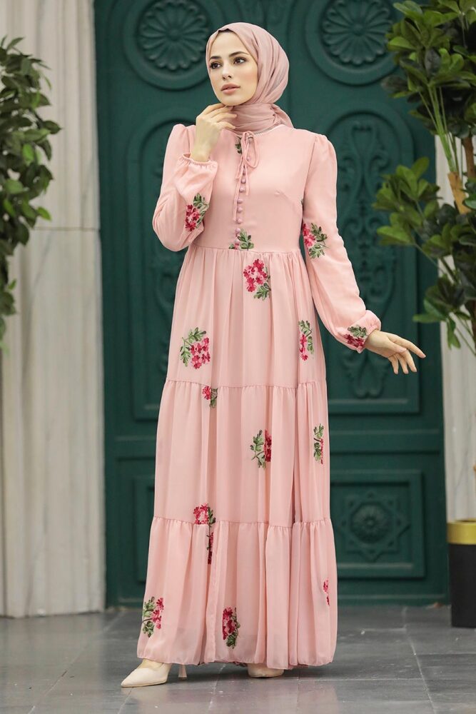 Powder Pink Long Muslim Dress 29061PD - 2