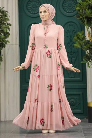 Powder Pink Long Muslim Dress 29061PD - 1