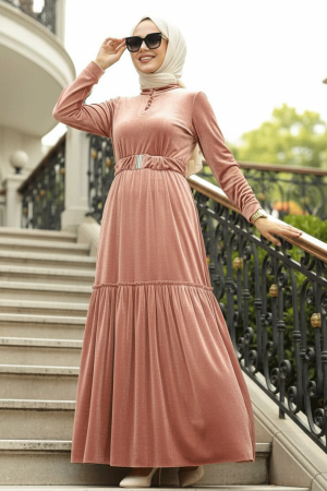 Powder Pink Velvet Hijab Dress 36971PD - 1