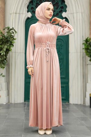 Powder Pink Velvet Long Dress for Muslim Ladies 36921PD - 1