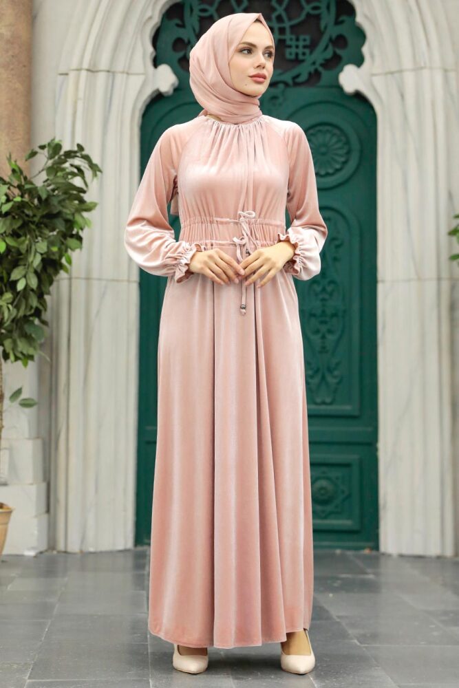 Powder Pink Velvet Long Dress for Muslim Ladies 36921PD - 2