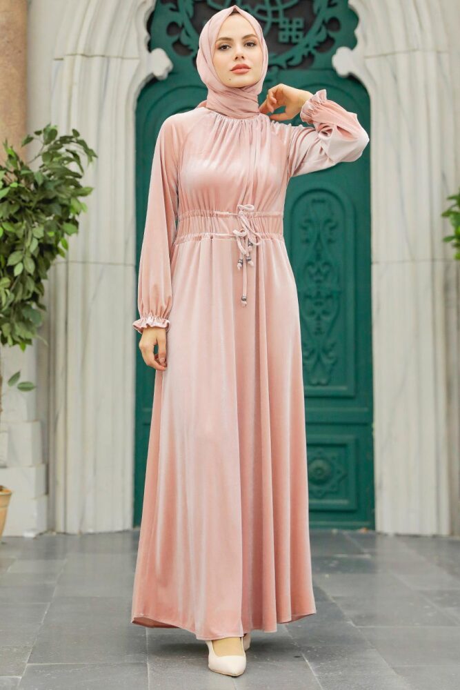 Powder Pink Velvet Long Dress for Muslim Ladies 36921PD - 3