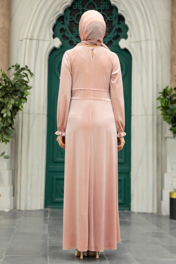 Powder Pink Velvet Long Dress for Muslim Ladies 36921PD - 4