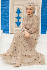 Neva Style - Puantiye Desenli Bej Tesettür Elbise 279065BEJ - Thumbnail