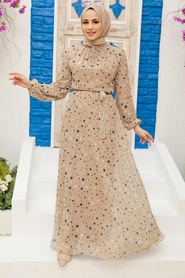 Neva Style - Puantiye Desenli Bej Tesettür Elbise 279065BEJ - Thumbnail
