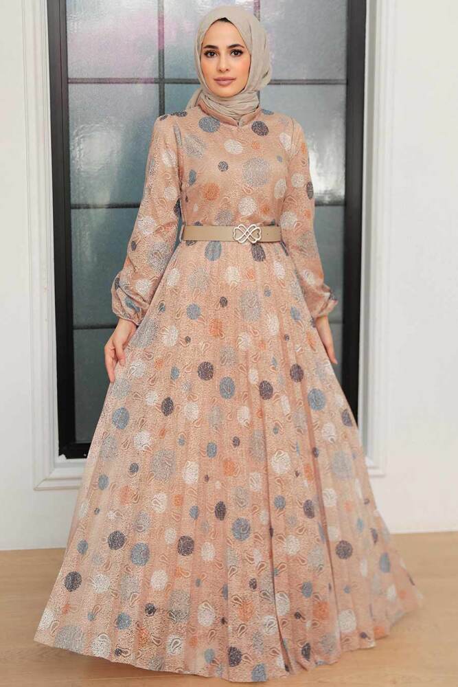 Neva Style - Puantiye Desenli Bisküvi Tesettür Elbise 11871BS - 2