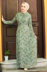 Neva Style - Puantiye Desenli Çağla Yeşili Tesettür Elbise 27894CY - Thumbnail