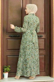 Neva Style - Puantiye Desenli Çağla Yeşili Tesettür Elbise 27894CY - Thumbnail