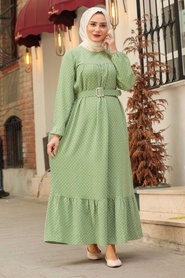 Neva Style - Puantiye Desenli Çağla Yeşili Tesettür Elbise 3738CY - Thumbnail