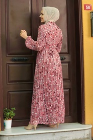 Neva Style - Puantiye Desenli Gül Kurusu Tesettür Elbise 27894GK - Thumbnail