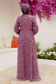 Neva Style - Puantiye Desenli Gül Kurusu Tesettür Elbise 279065GK - Thumbnail