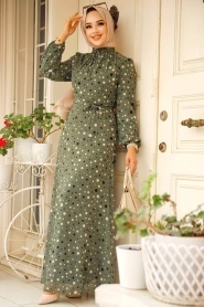 Neva Style - Puantiye Desenli Haki Tesettür Elbise 279065HK - Thumbnail