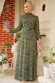 Neva Style - Puantiye Desenli Haki Tesettür Elbise 279065HK - Thumbnail