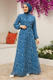 Neva Style - Puantiye Desenli İndigo Mavisi Tesettür Elbise 279065IM - Thumbnail