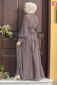 Neva Style - Puantiye Desenli Kahverengi Tesettür Elbise 1423KH - Thumbnail