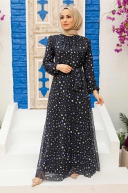 Neva Style - Puantiye Desenli Lacivert Tesettür Elbise 279065L - Thumbnail