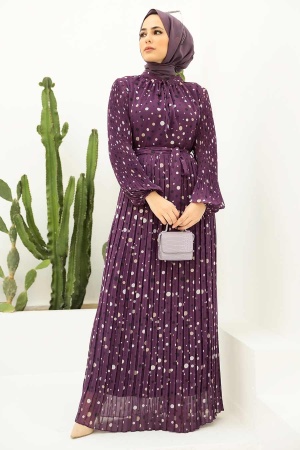 Neva Style - Puantiye Desenli Mor Tesettür Elbise 32990MOR - 1