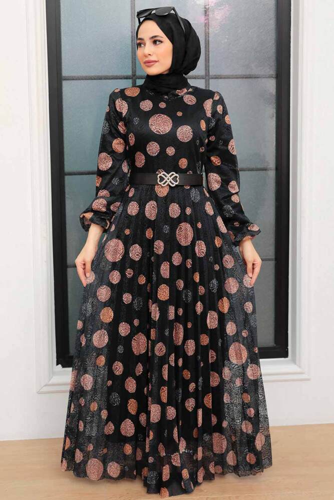 Neva Style - Puantiye Desenli Siyah Tesettür Elbise 11871S - NEVA STYLE