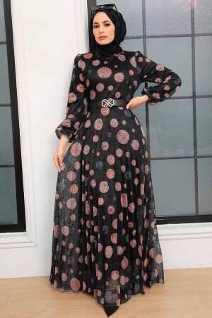 Neva Style - Puantiye Desenli Siyah Tesettür Elbise 11871S - 1