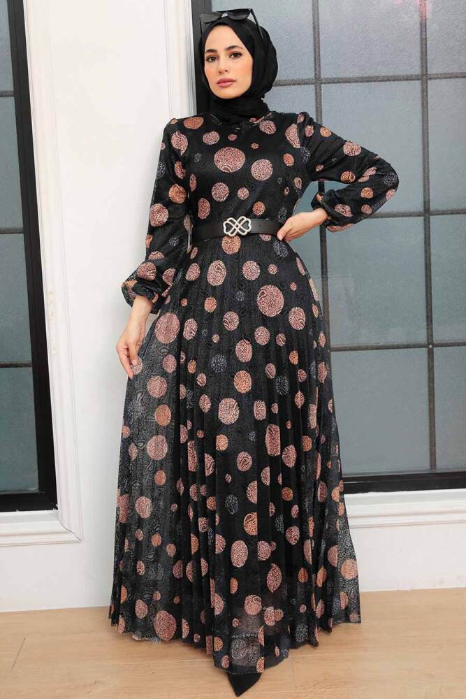 Neva Style - Puantiye Desenli Siyah Tesettür Elbise 11871S - 1
