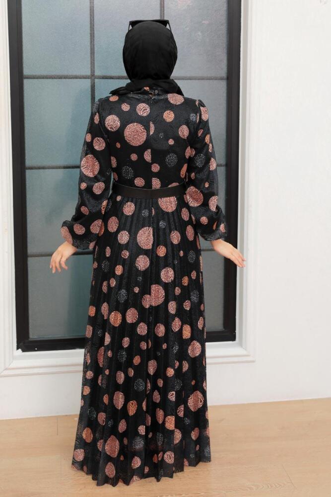 Neva Style - Puantiye Desenli Siyah Tesettür Elbise 11871S - 3