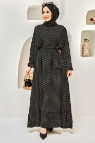 Neva Style - Puantiye Desenli Siyah Tesettür Elbise 1688S - Thumbnail