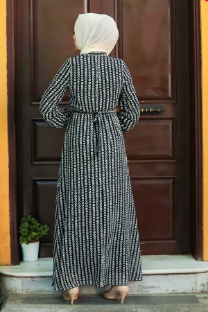 Puantiye Desenli Siyah Tesettür Elbise 30501S - 2