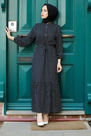 Neva Style - Puantiye Desenli Siyah Tesettür Elbise 3736S - Thumbnail