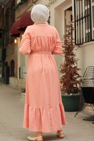 Neva Style - Puantiye Desenli Somon Tesettür Elbise 3738SMN - Thumbnail