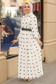 Neva Style - Puantiyeli Beyaz Tesettür Elbise 10290B - Thumbnail