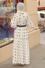 Neva Style - Puantiyeli Beyaz Tesettür Elbise 10290B - Thumbnail