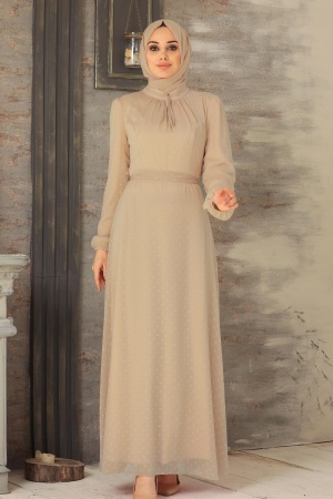 Neva Style - Puantiyeli Bisküvi Tesettür Elbise 2734BS - 1