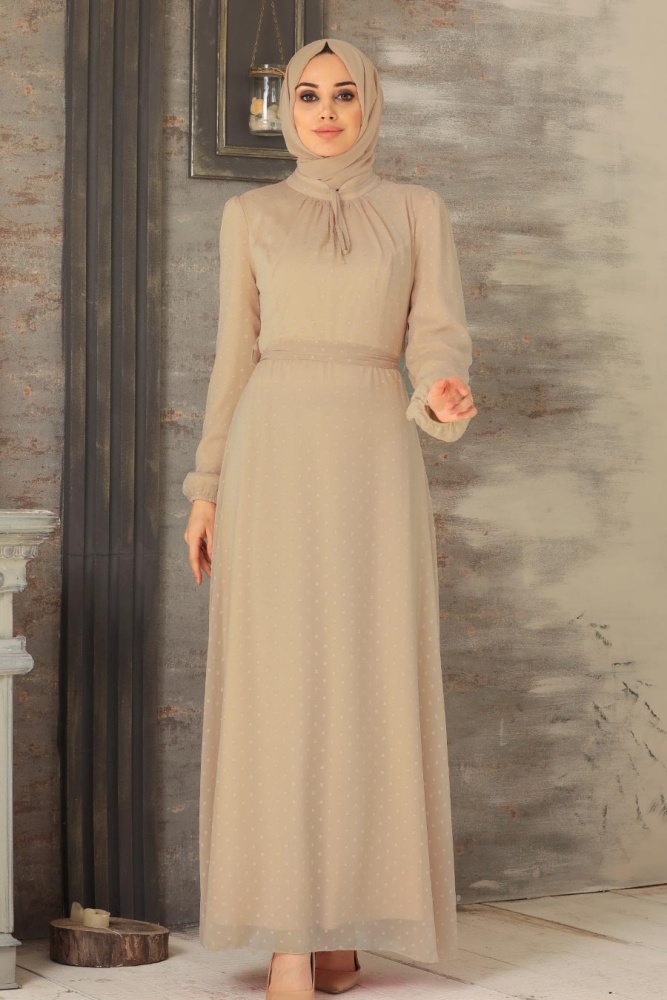 Neva Style - Puantiyeli Bisküvi Tesettür Elbise 2734BS - 1