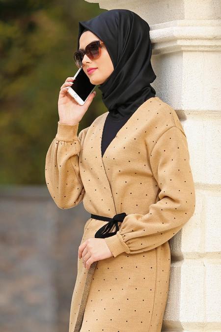 Neva Style - Puantiyeli Bisküvi Tesettür Triko Hırka 2833BS - 3
