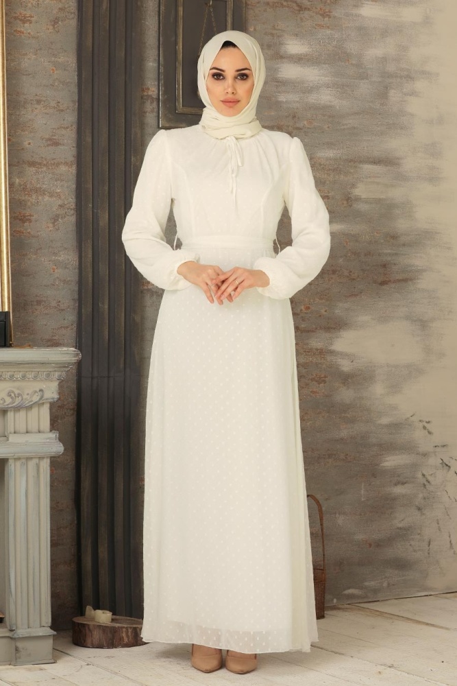 Neva Style - Puantiyeli Ekru Tesettür Elbise 2734E - 1