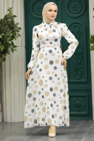 Neva Style - Puantiyeli Ekru Tesettür Elbise 27934E - Thumbnail