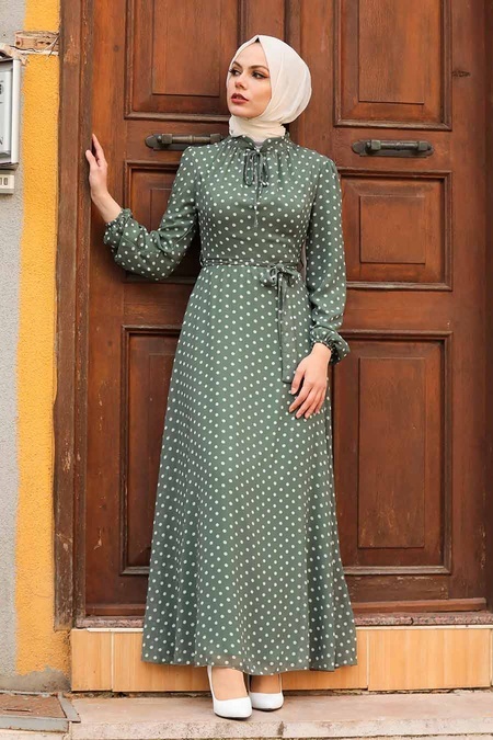 NEVA STYLE - Neva Style - Puantiyeli Haki Tesettür Elbise 27909HK