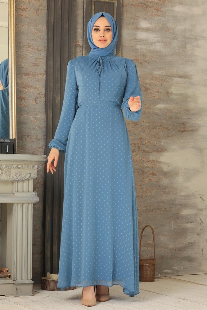 Neva Style - Puantiyeli İndigo Mavisi Tesettür Elbise 2734IM - 1