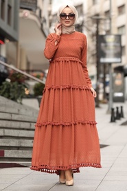 Neva Style - Puantiyeli Kiremit Tesettür Elbise 4414KRMT - Thumbnail