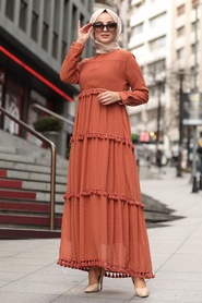 Neva Style - Puantiyeli Kiremit Tesettür Elbise 4414KRMT - Thumbnail
