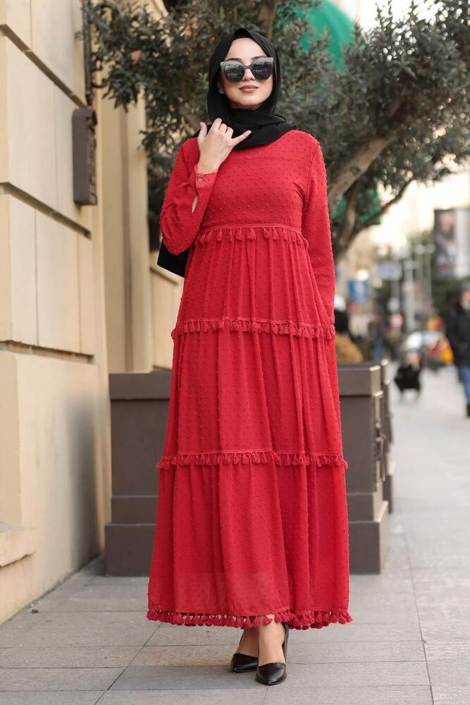 Neva Style - Puantiyeli Kırmızı Tesettür Elbise 4414K - 1