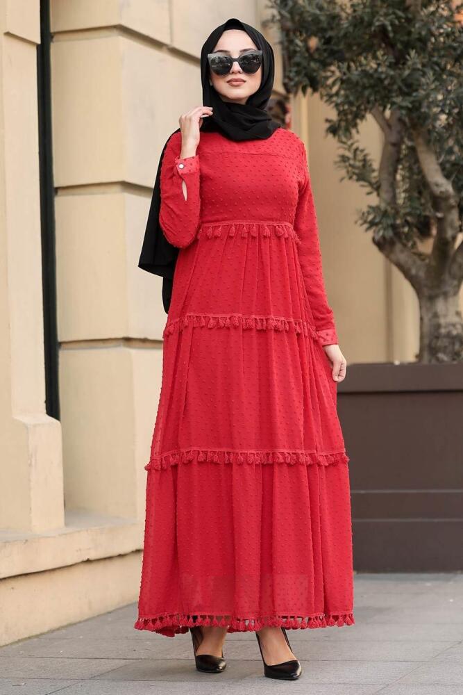Neva Style - Puantiyeli Kırmızı Tesettür Elbise 4414K - 2