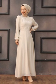 Neva Style - Puantiyeli Krem Tesettür Elbise 2734KR - Thumbnail