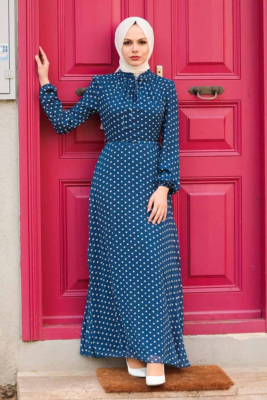 Neva Style - Puantiyeli Lacivert Tesettür Elbise 27909L