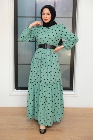 Neva Style - Puantiyeli Mint Tesettür Elbise 12250MINT - Thumbnail