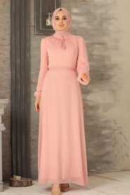 ​​​Neva Style - Puantiyeli Pembe Tesettür Elbise 2734P - Thumbnail